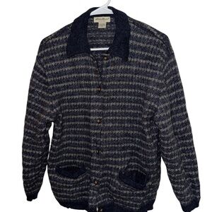 Vintage Eddie Bauer 100% Wool Navy and Charcoal Button Down Turtleneck Sweater
